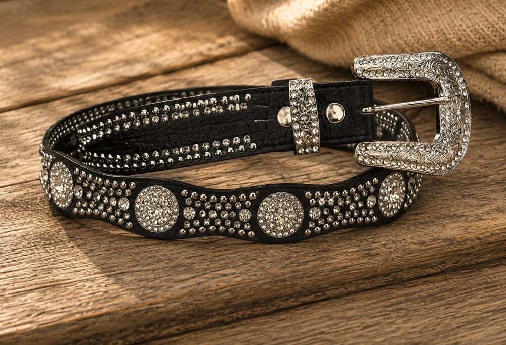 Nocona Black Croc Print Leather Belt Rhinestone Concho Western Cowgirl M